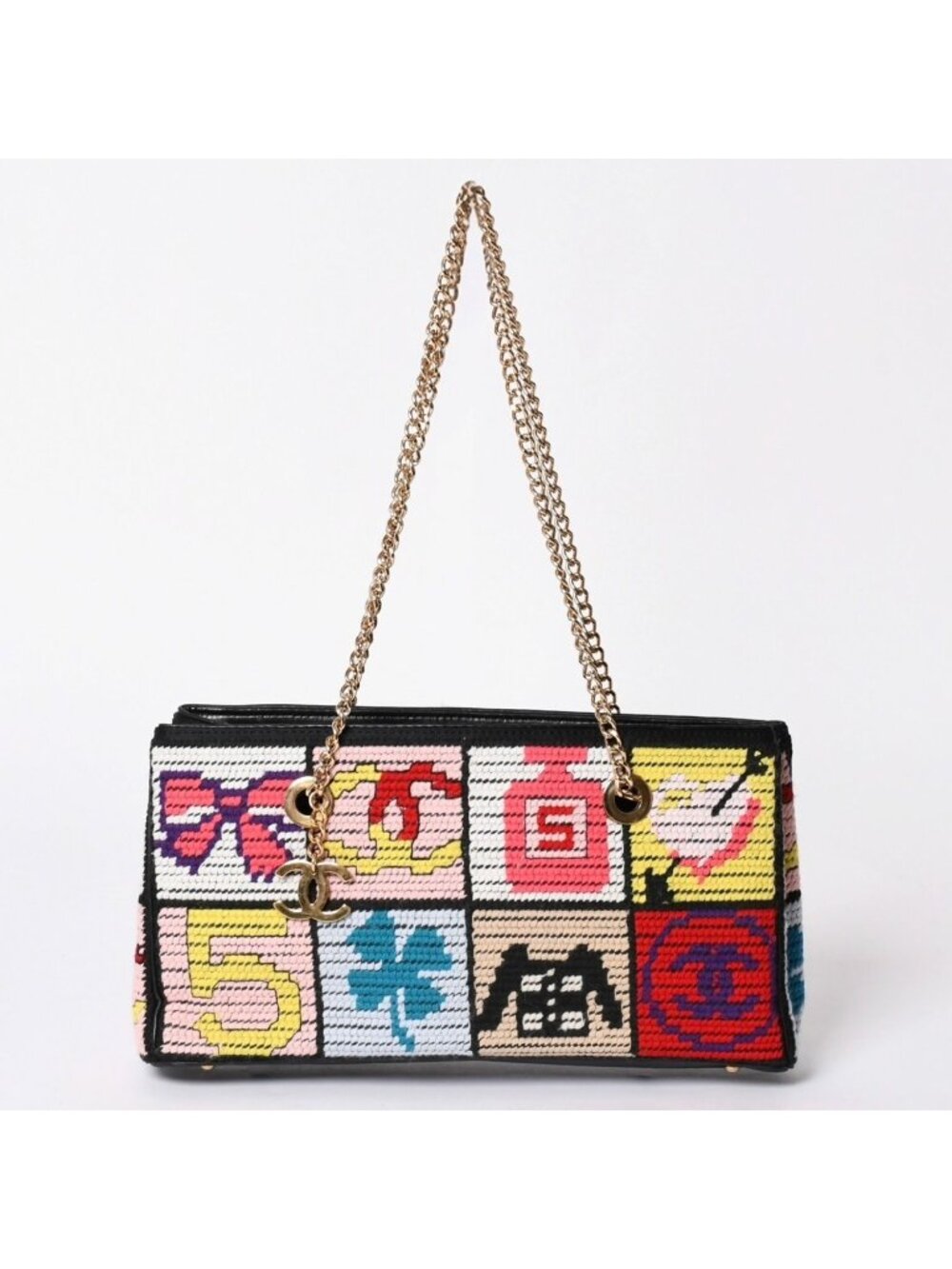 Chanel Icon Chain Bag CC Logo Wool Leather Multicolor Gold